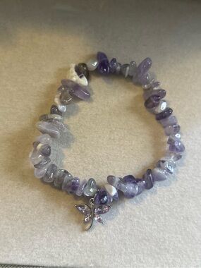 Amethyst Crystal Chip Stretch Bracelet with Butterfly Charm - Handmade